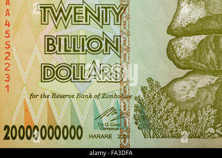 Macro de Zimbabwe vingt milliards de dollars euros. Maintenant nulle monnaie. Concept d'inflation Banque D'Images