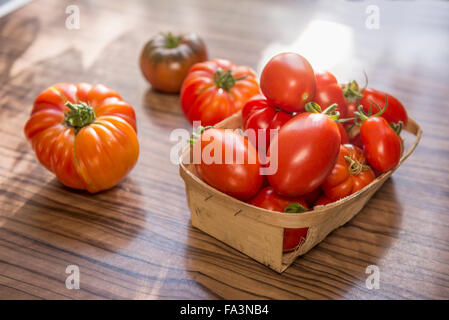 Close-up les tomates dans le panier sur la table, Munich, Bavière, Allemagne Banque D'Images