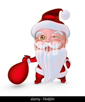 Père Noël mignon sac de cadeaux sous l'oeil clignote (illustration 3D) Banque D'Images