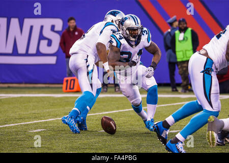 Le Meadowlands, NJ, USA. Dec 21, 2015. NJ, quarterback Carolina Panthers Cam Newton # 1 Carolina Panthers et Artis-Payne Cameron running back # 34 fumble le passage menant à un chiffre d'affaires en faveur de les Giants de New York le 21 décembre 2015, au stade Metlife à Meadowlands, NJ. Les Panthère défait les géants 38-35. Margaret Bowles/CSM/Alamy Live News Banque D'Images