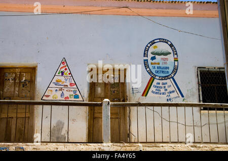 Pyramide alimentaire inox sur le mur d'une école ou d'une communauté en construction Luribay, Bolivie, Amérique du Sud Banque D'Images