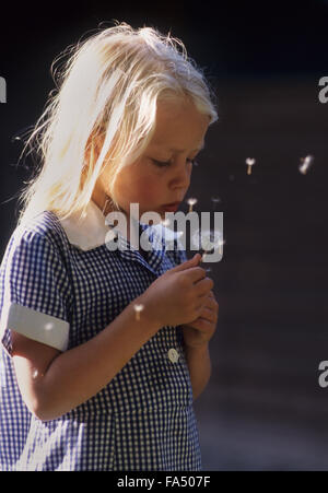 Young Girl blowing dandelion seeds et faire un souhait. Banque D'Images