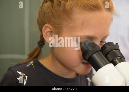 Écolière regardant au microscope, Fürstenfeldbruck, Bavière, Allemagne Banque D'Images