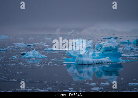 Beau et bien fait sur les icebergs un calme océan Antarctique, compensation de façon percutante contre l'moody sky, l'Antarctique. Banque D'Images