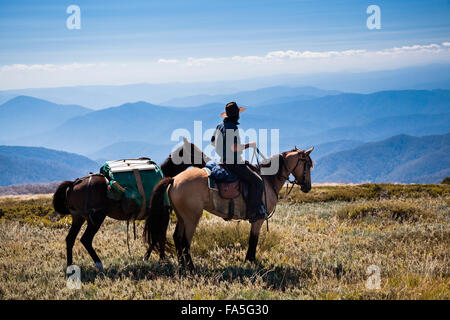 Australian Stockman, Lin Baird, approches enfer Gap près du Mont Bogong victorienne dans le haut pays. Banque D'Images