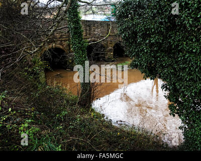 Le pont sur la rivière boueuse enflées Frome, à côté de Bromyard, une ville dans le Herefordshire, Angleterre Banque D'Images