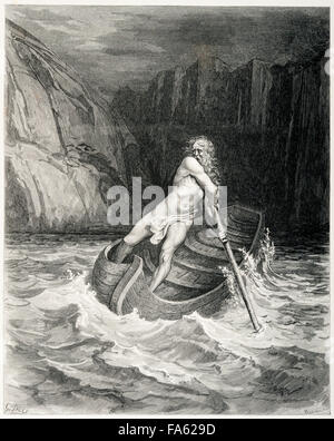 L'Inferno (la Vision de l'Enfer) par le 13c poète italien Dante Alighieri, illustré par le 19c artiste français Gustave Doré. Charon le passeur traversant le fleuve Acheron. (Canto III, lignes 76-78) Banque D'Images