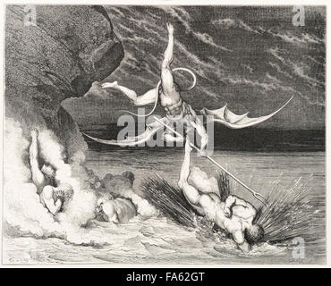 L'Inferno (la Vision de l'Enfer) par le 13c poète italien Dante Alighieri, illustré par le 19c artiste français Gustave Doré. Le huitième cercle de l'enfer, où la fraude est puni. Les pécheurs sont jetés dans un lac de la poix bouillante ou de goudron. (Canto XXII, lignes 125-126) Banque D'Images