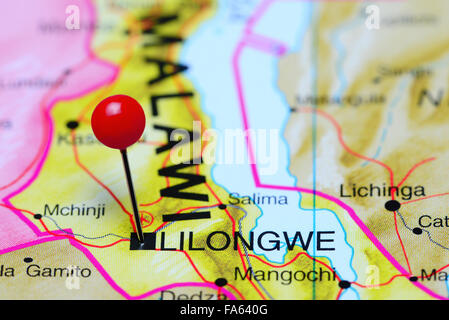 Lilongwe épinglée sur une carte de l'Afrique Banque D'Images