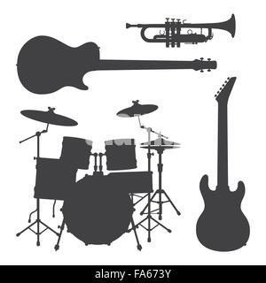 Vector guitare basse batterie trompette guitare electro set illustration silhouettes gris foncé Illustration de Vecteur