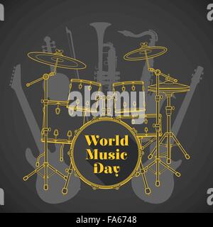 Design plat, vecteur de l'affiche de la fête de la musique du monde jaune illustration drum set electro bass guitars saxophone trompette violon brown backg Illustration de Vecteur