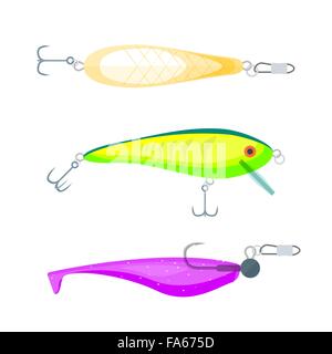 Vector design plat de couleur vert salade d'appâts de cuillère wobbler flottant soft purple appât jighead leurre illustration isolé bac blanc Illustration de Vecteur