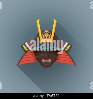 Design plat coloré vecteur japon samouraï guerrier armure médiévale tête masque casque illustration isolé fond sombre long shad Illustration de Vecteur