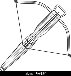 Contour en bois médiévale monochrome vecteur éléments métalliques isolés avec la flèche d'arbalète illustration contour noir sur blanc zone Illustration de Vecteur