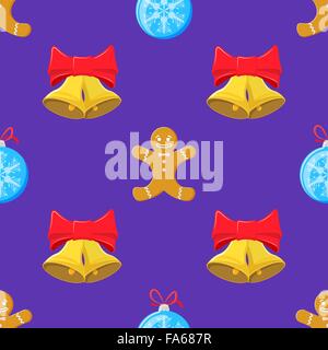 Design plat coloré vecteur d'arbres de Noël Nouvel an jouet flocon homme gingembre cookie Jingle bells sur transparent purple backg Illustration de Vecteur