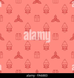 Contour vectoriel monochrome rouge nouvelle année houx de noël père noël boîte cadeau est dépouillé ribboned . motif transparent sur fond rose Illustration de Vecteur