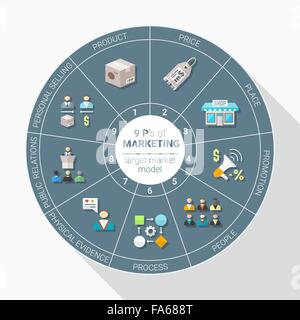 Design plat coloré vecteur 9 P du marketing Marché cible les icônes de modèle de régime graphique sur fond sombre avec les ombres Illustration de Vecteur