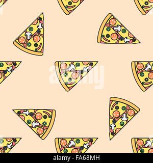 Triangle de couleur vecteur champignons pepperoni pizza slice olives piment tomate fromage modèle homogène sur la lumière orange backg Illustration de Vecteur