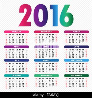 Calendrier 2016 design. Semaine commence le dimanche Illustration de Vecteur