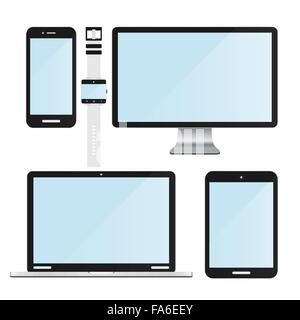 Ensemble de nouveaux dispositifs électroniques modernes réaliste. Ordinateur portable, écran d'ordinateur, tablette numérique, téléphone intelligent et smart watch Illustration de Vecteur