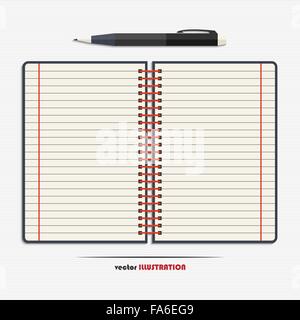 Ordinateur portable ouvert avec des pages lignées vierge et un stylo pour votre conception Illustration de Vecteur