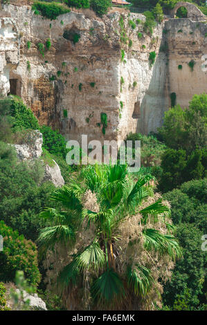 Sicile Syracuse Latomia, vue de la Latomia del Paradiso, une ancienne carrière de pierre, dans le parc archéologique de Syracuse, Sicile, Banque D'Images