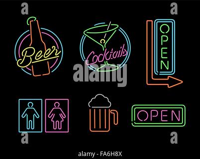 Ensemble de style retro neon light sign contour des icônes pour bar, bière, open business, cocktail et une salle de bains privative. Vecteur EPS10. Illustration de Vecteur