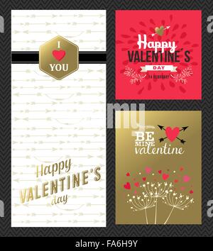 Happy Valentines Day retro set de cartes de souhaits avec de l'or et rose Couleurs. Forme de coeur comprend, de la nature, d'un insigne. EPS10 Illustration de Vecteur