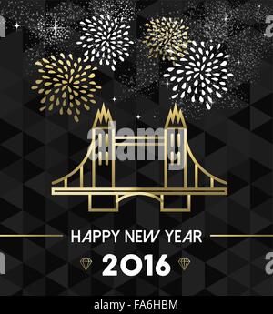 Bonne Année 2016 carte de vœux avec l'Angleterre Londres Landmark Tower Bridge en style du contour de l'or. Vecteur EPS10. Illustration de Vecteur