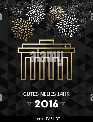 Bonne Année 2016 carte de vœux avec l'Allemagne Berlin monument porte de Brandebourg en style du contour de l'or. Vecteur EPS10. Illustration de Vecteur