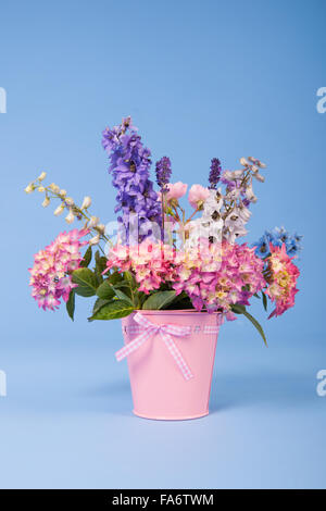 Mixed jardin coloré bouquet dans vase sur fond bleu Banque D'Images