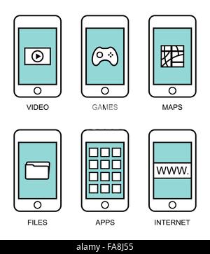 Télévision moderne contour des téléphones intelligents avec différents éléments d'interface utilisateur sur fond blanc Illustration de Vecteur