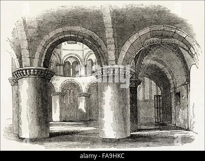 Intérieur de l'église du Saint Sépulcre Cambridge aka l'église Ronde Cambridge construit autour de 1130. La gravure sur bois victorien circa 1845. Banque D'Images