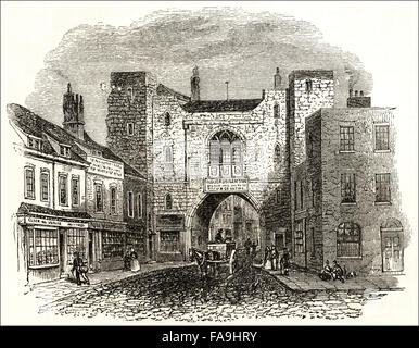 St John's Gate Clerkenwell Londres vu en 1841 et construit en 1504. La gravure sur bois victorien circa 1845. Banque D'Images