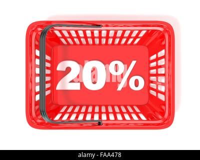Remise de 20  % tag en rouge Panier d'achat. Illustration en rendu 3D Banque D'Images