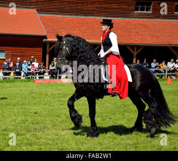 Femme équitation cheval noir Banque D'Images