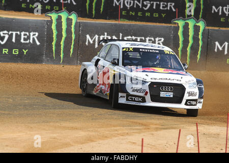 Mattias Ekstrom durs Audi S1 de l'équipe d'EKS dans du Monde FIA Rallycross Championship. Banque D'Images