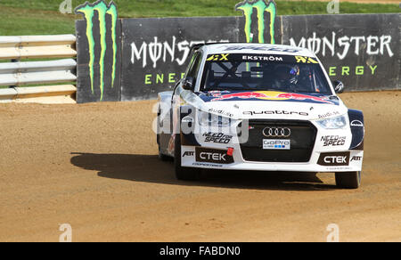 Mattias Ekstrom durs Audi S1 de l'équipe d'EKS dans du Monde FIA Rallycross Championship. Banque D'Images