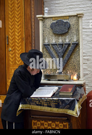 Un jeune juif religieux de la lecture d'un livre sur le podium dans une synagogue à Crown Heights, Brooklyn, New York Banque D'Images