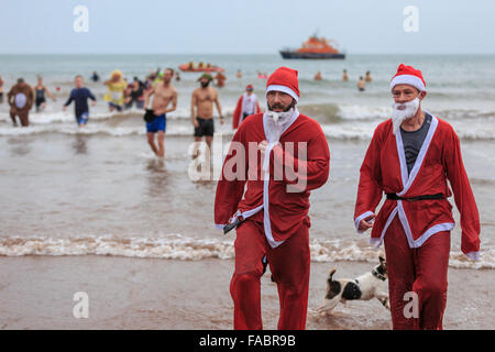 Torquay, Royaume-Uni, le 26 décembre 2015. 'À pied dans la mer' Boxing Day charity event organisé par le Lions Club de Paignton. Fêtards locaux ont bravé des conditions venteuses de participer au lendemain de tradition d'une baignade dans les eaux de la baie de Tor de la plage de Paignton ; avec beaucoup de porter des vêtements de fête ou fantaisie robe pour récolter des fonds pour la charité. Credit : Clive Jones/Alamy Live News Banque D'Images