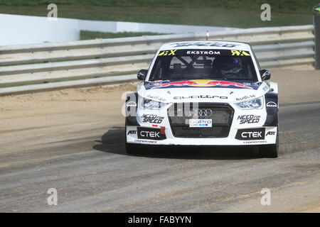 Mattias Ekstrom durs Audi S1 de l'équipe d'EKS dans du Monde FIA Rallycross Championship. Banque D'Images