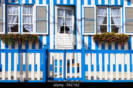 Maisons de pêcheurs à rayures colorées en bleu et blanc, Costa Nova, Aveiro, Portugal Banque D'Images