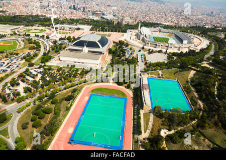 Vue aérienne générale de la zone olympique de Montjuïc. Barcelone, Espagne Banque D'Images