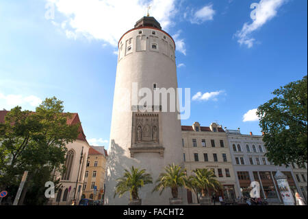 Dicker Turm ou Frauenturm tour avec armoiries, Görlitz, Haute Lusace, en Saxe, Allemagne Banque D'Images