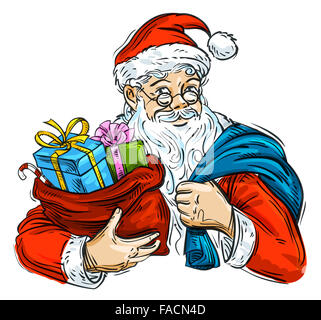 Noël. Le Père Noël et des cadeaux sac isolé sur fond blanc Banque D'Images