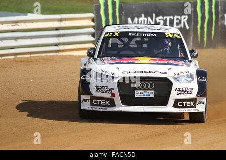 Mattias Ekstrom durs Audi S1 de l'équipe d'EKS dans du Monde FIA Rallycross Championship. Banque D'Images