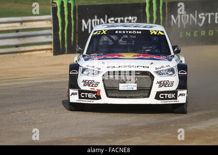 Mattias Ekstrom durs Audi S1 de l'équipe d'EKS dans du Monde FIA Rallycross Championship. Banque D'Images