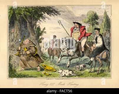 Illustration bande dessinée colorée à la main à partir de 1846 représentant le Roi Henry VIII Chasse Moine Banque D'Images