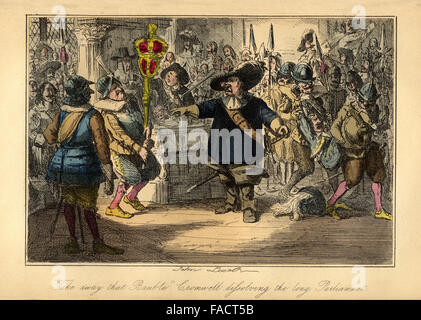 Illustration bande dessinée colorée à la main à partir de 1846 représentant d'Oliver Cromwell dissolvant le Long Parlement en 1648. Banque D'Images