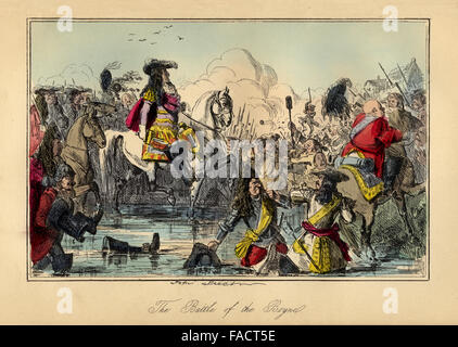 Illustration bande dessinée colorée à la main à partir de 1846 d'une représentation satirique de la bataille de la Boyne. La bataille de la Boyne a été menée en Irlande entre Guillaume d'Orange et de James II en juillet 1690 Banque D'Images